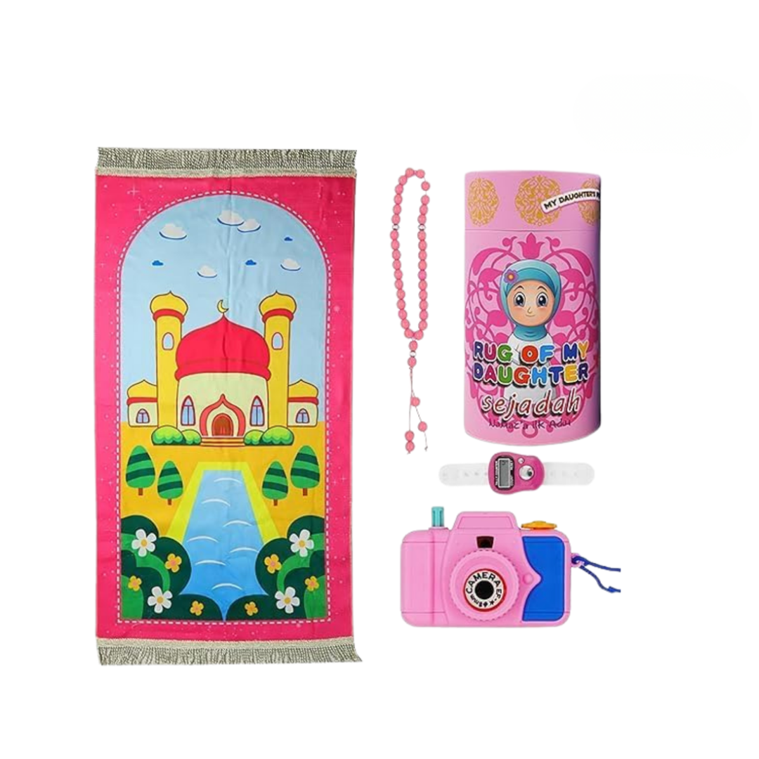 Set of children's items including a prayer mat, camera, and bracelet on a white background
